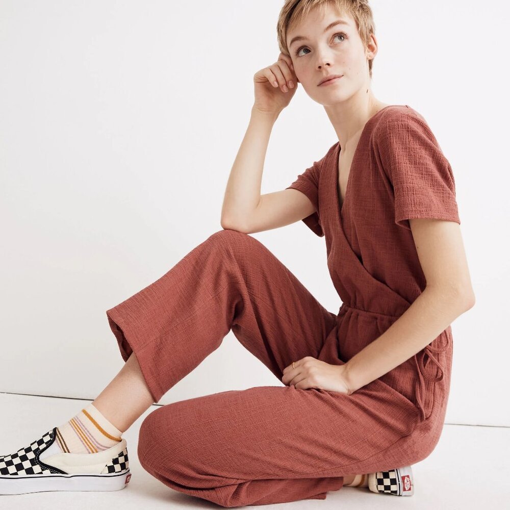 Madewell Texture and Thread Short Sleeve Wrap Front Jumpsuit